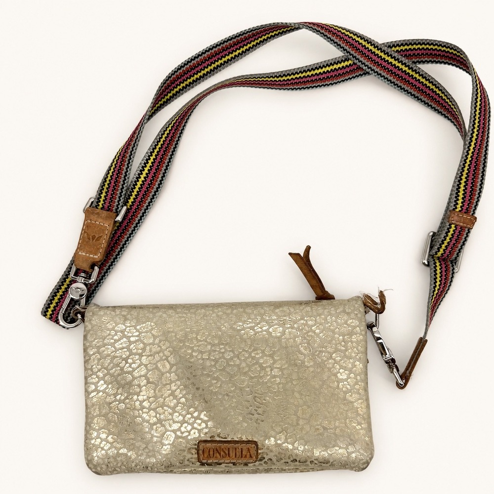 Consuela Kit Uptown Crossbody Bag Gold Metallic Leopard Woven Strap Western FLAW